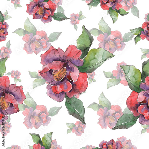 Red purple camelia floral botanical flower. Watercolor illustration set. Seamless background pattern.