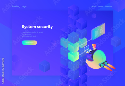 System security. Landing page for web. A man with a laptop monitors the digital process and analyzes the data. Modern vector illustration isometric style. Ultraviolet. Abstract background.