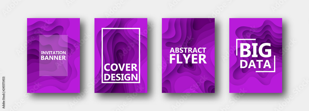 A set of four options for banners, flyers, brochures, cards, posters for your design, in purple colors. Paper style. 10 eps A set of four options for banners, flyers, brochures, cards, posters for your design, in purple colors. Paper style. 10 eps