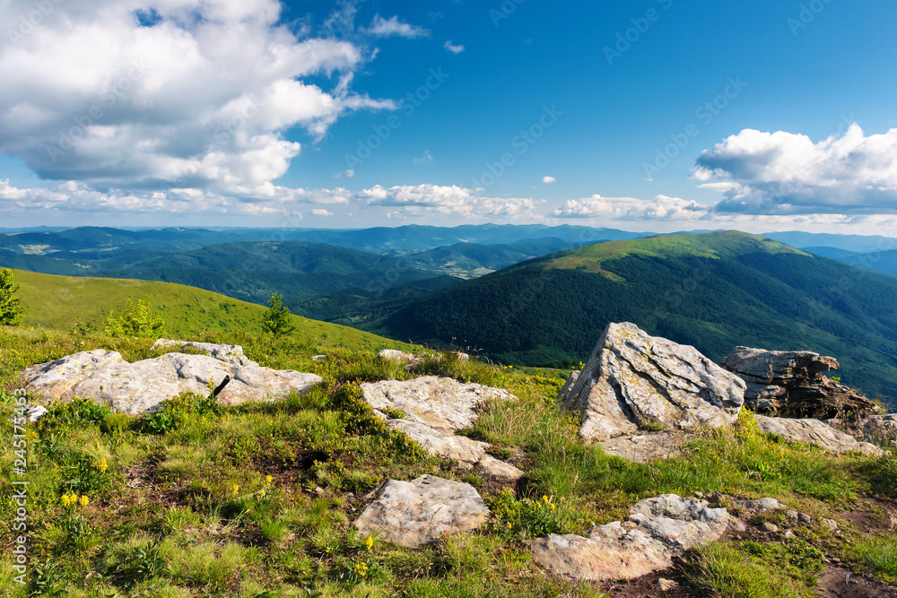 wonderful mountain landscape. beautiful view in to the distant valley. fluffy clouds on the sky. peaceful idyllic afternoon scenery
