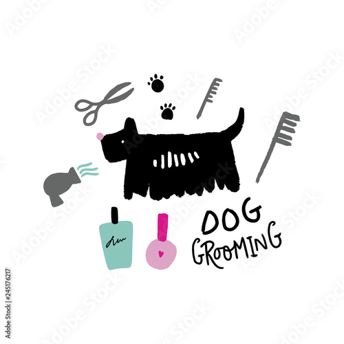 Dog salon grooming tools. Vector hand drawn illustration, doodle style.