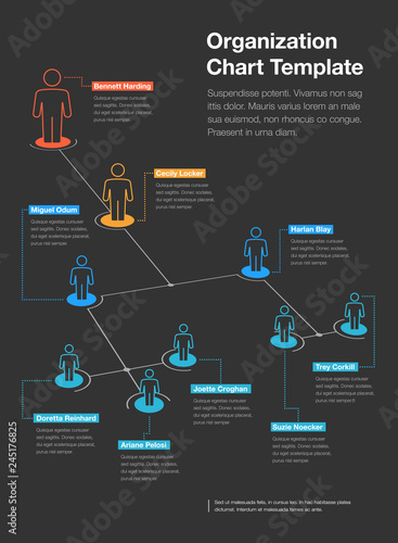 Simple company organization hierarchy chart template with place for your content - dark version. Easy to use for your website or presentation.