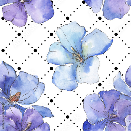 Blue purple flax floral botanical flower. Watercolour drawing fashion aquarelle. Seamless background pattern.