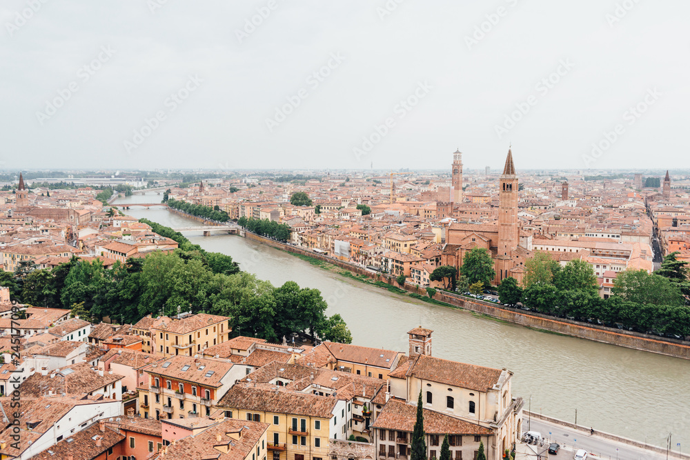 Panoramic view of Verona city and Adige river, Italy. Aerial view