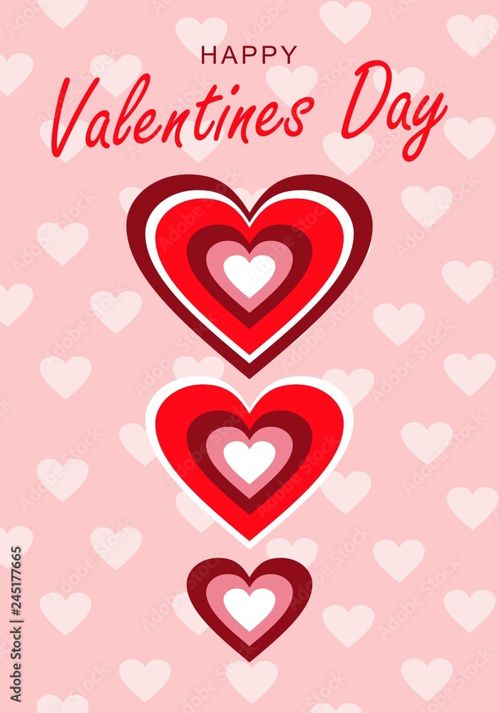 Vector illustration. Congratulatory occasion Happy Valentine's Day. Rainbow hearts. Pink background with small hearts.