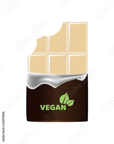 Vector realistic illustration of unpacked bitten vegan white non dairy chocolate bar isolated on a white background. Vegan logo on the chocolate wrapper.