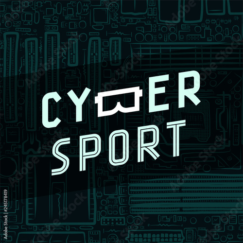 Cybersport text icon with virtual reality glasses B on circuit board background
