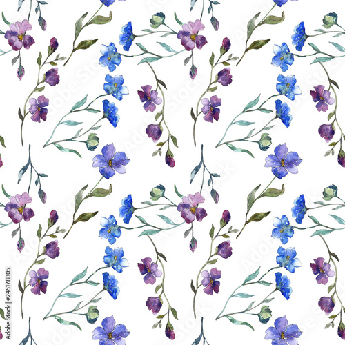 Blue purple flax floral botanical flower. Watercolor background illustration set. Seamless background pattern.