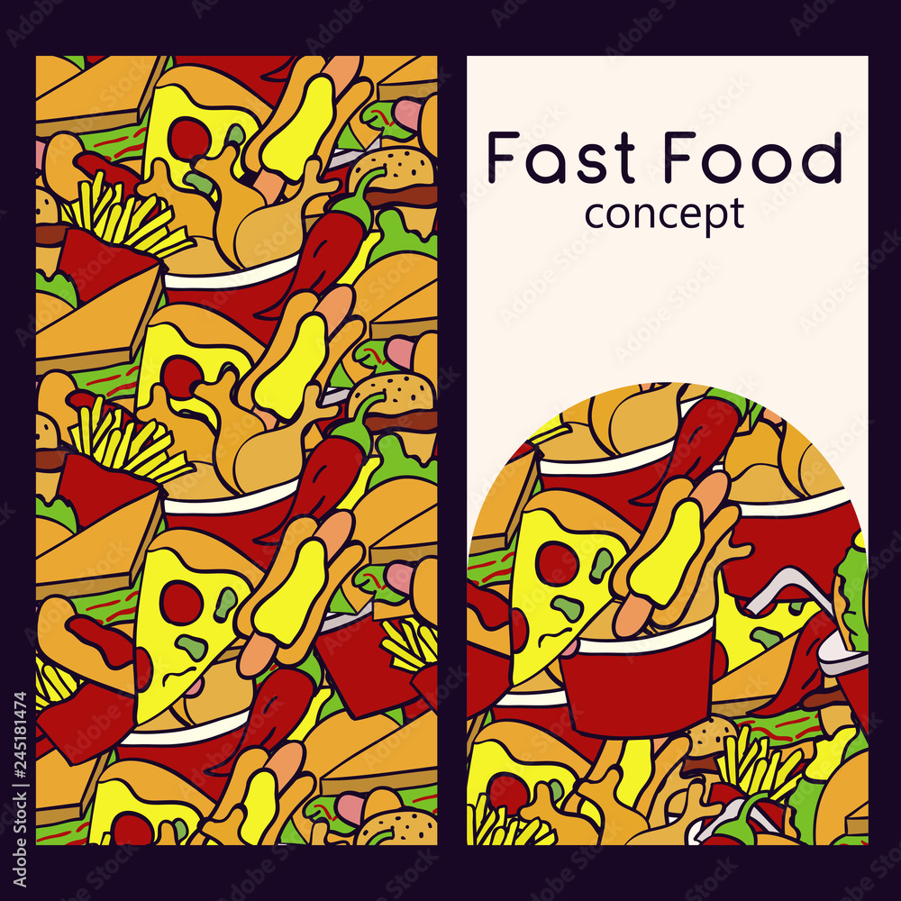 Vector logo design template and seamless pattern in doodle style for packaging. Fast food concept. Vector illustration.