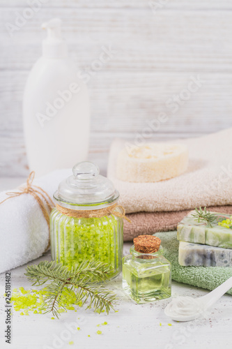 Natural cosmetic oil, sea salt, facial mask and natural handmade soap with coniferous extract