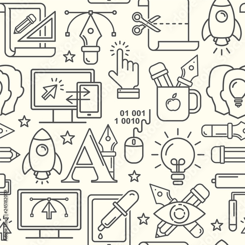 Vector graphic design seamless pattern with linear icons. Line style designer background with place for text.  Graphic design education and learning.