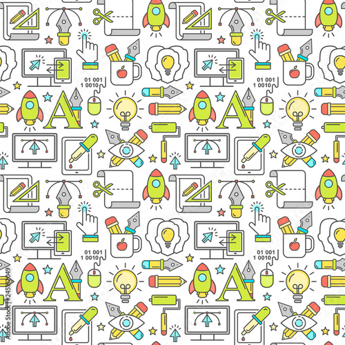 Vector graphic design seamless pattern with linear icons. Line style designer background with place for text. Graphic design education and learning.