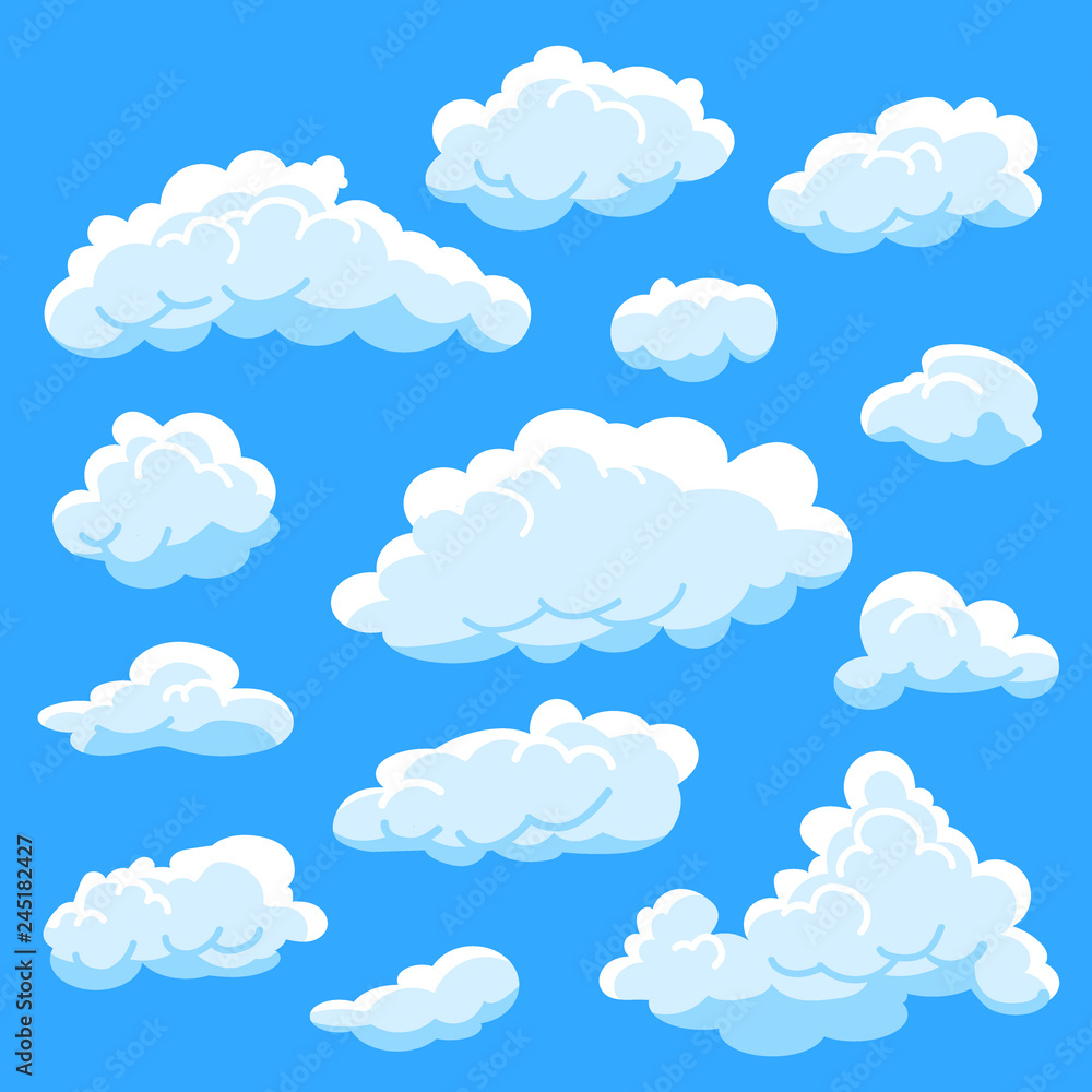 Set of different shape cartoon white clouds on blue background, cloudy sky, vector illustration Set of different shape cartoon white clouds on blue background, cloudy sky, vector illustration