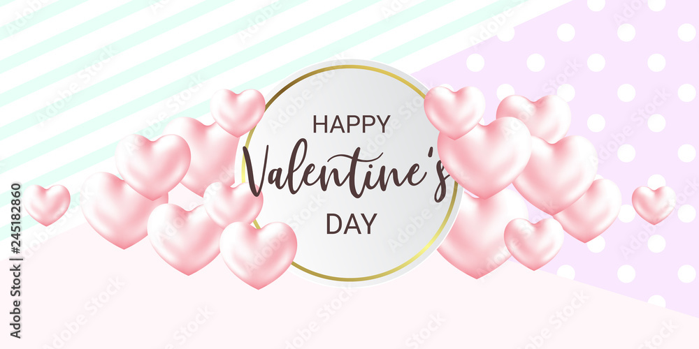 Cute Happy Valentine's Day calligraphy card with Hearts. Modern patterned background. Horizontal holidays poster, add, header, website.