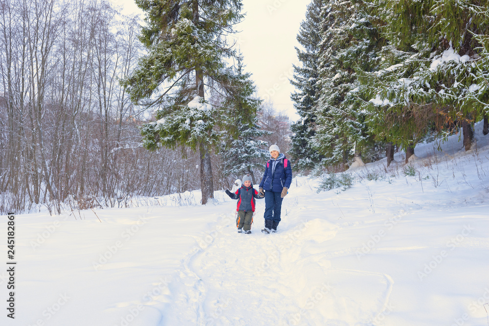 A woman with a child walking in the winter forest.