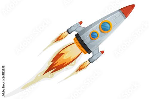 Comic Rocket Ship/ Illustration of a cartoon retro iron spaceship blasting off and flying isolated on white. Vector eps and high resolution jpeg files included