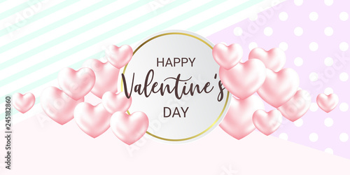 Cute Happy Valentine's Day calligraphy card with Hearts. Modern patterned background. Horizontal holidays poster, add, header, website. © Juls Dumanska