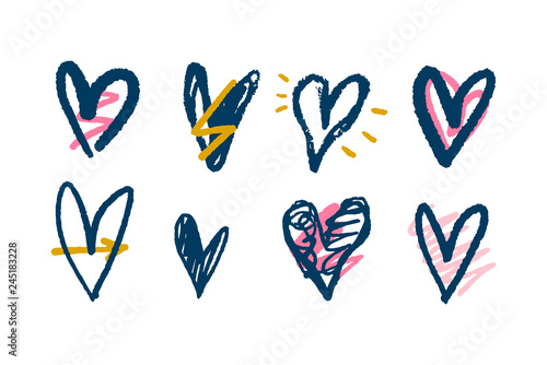 Collection of brush hearts, vector illustrations. Hand drawn pen and ink painting.
