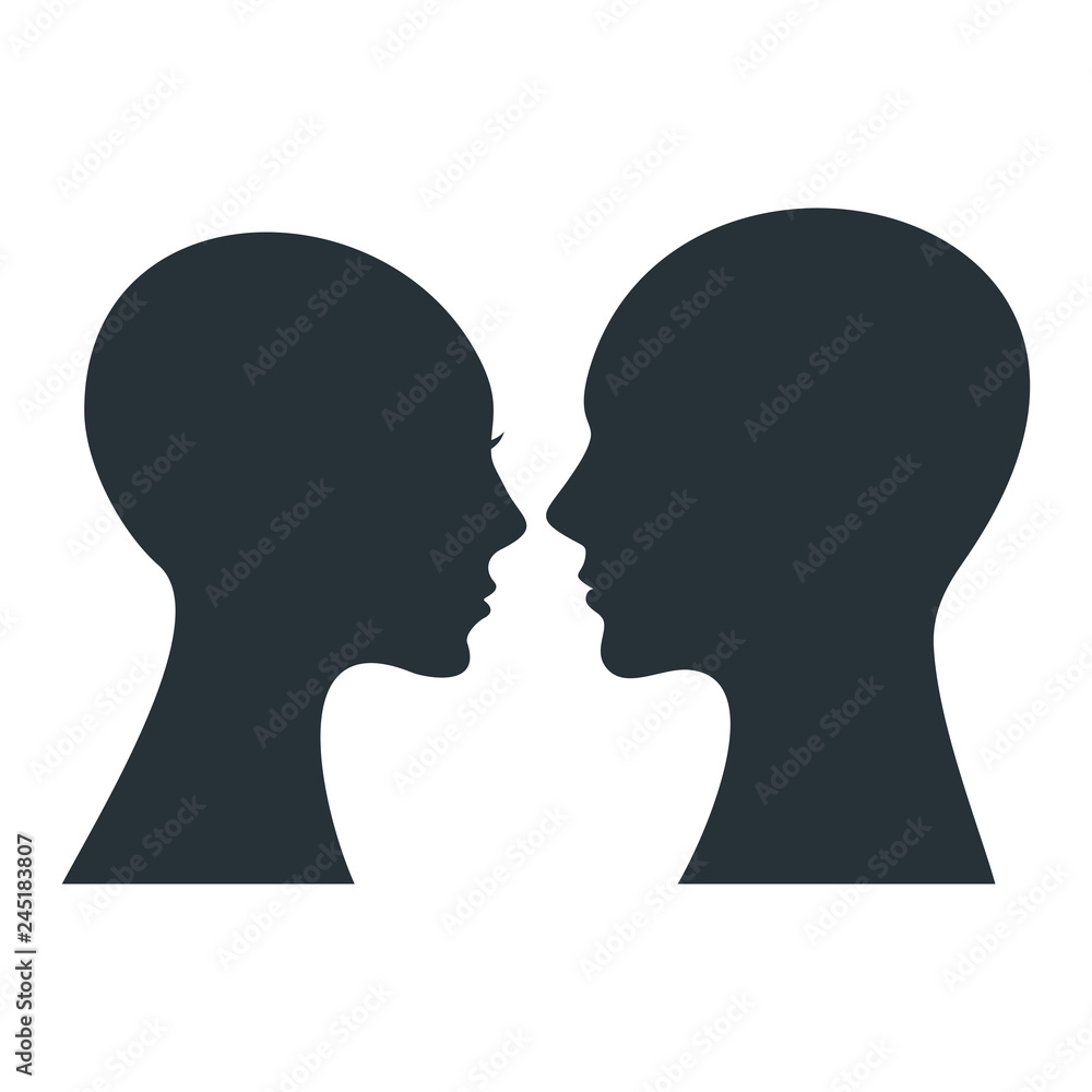 Human profile. Black silhouette of man and woman head.