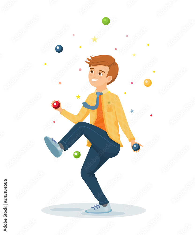 Cartoon juggler performs a circus trick.Juggler with balls.Circus