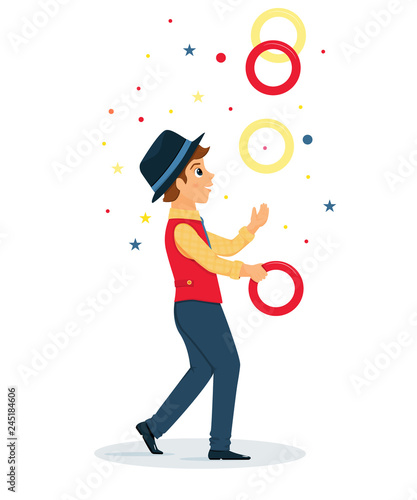 Juggler performs a circus trick.Artist jugging rings.Circus performer.Vector illustration. Cartoon flat style.