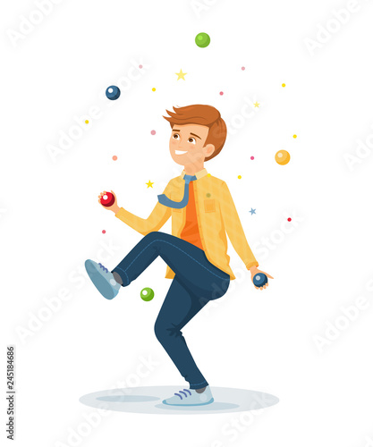 Cartoon juggler performs a circus trick.Juggler with balls.Circus performer.Vector illustration. Cartoon flat style.