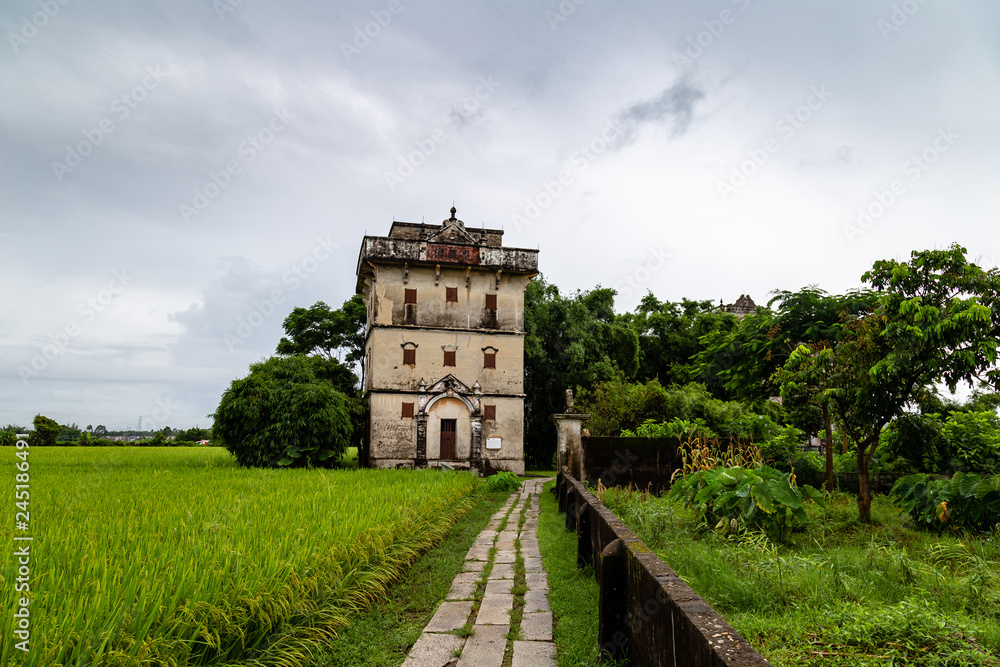 July 2017 – Kaiping, China - Kaiping Diaolou in Zili Village, near Guangzhou. Built by rich overseas Chinese, these family houses are a unique mix of Chinese and western architecture