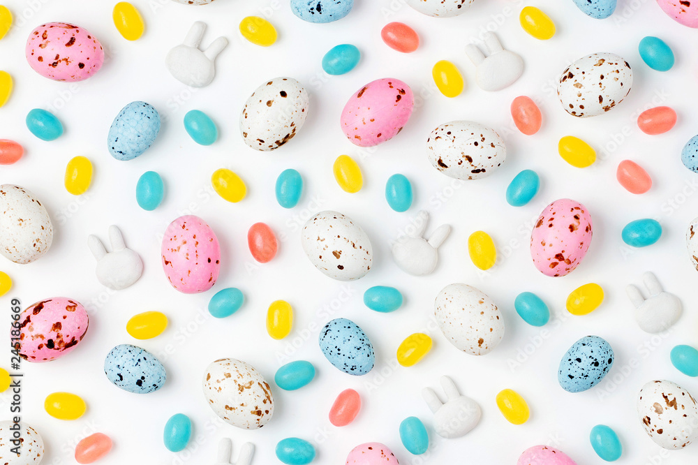 Stylish Candy background in pastel colors. Easter concept . Flat lay Stylish Candy background in pastel colors. Easter concept . Flat lay