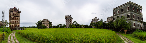 July 2017 – Kaiping, China - Kaiping Diaolou in Zili Village, near Guangzhou. Built by rich overseas Chinese, these family houses are a unique mix of Chinese and western architecture