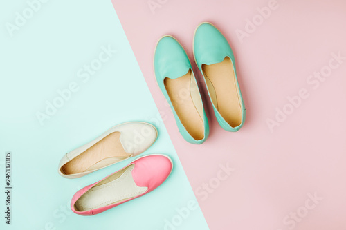 Stylish female shoes in pastel colors. Beauty and fashion concept. Flat lay, top view