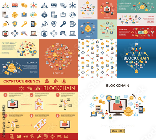 Digital vector line icons set blockchain pack