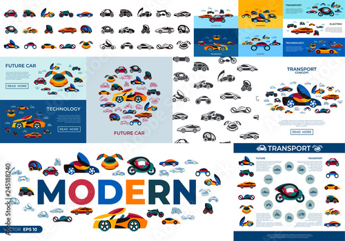 Digital vector future car simple icons