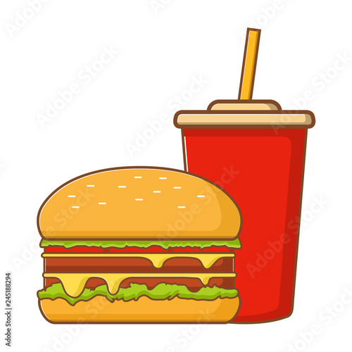 Fast food.American double cheeseburger.Hamburger and soda water.Cup cola.Concept icon flat vector.