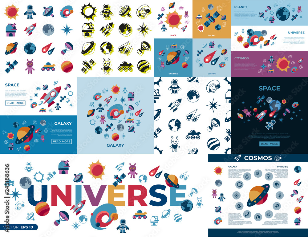 Digital vector space galaxy and universe icons