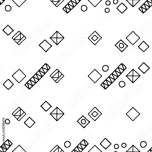 Seamless vector geometrical pattern with hand drawn decorative elements. Graphic design, drawing illustration. Print for fabric, textil, wallpaper, wrapping, packaging. Line drawing. Doddle style,