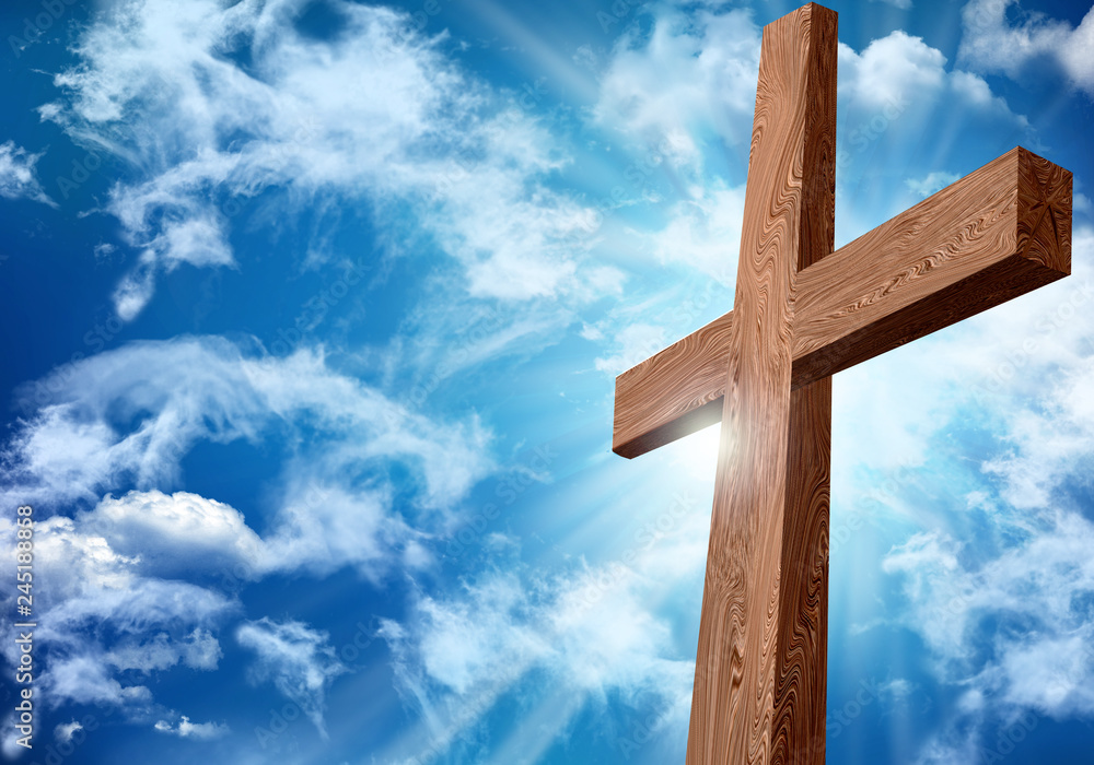 Resurrection or crucifixion. Wooden cross on sky background with clouds. Christian Easter concept. 3d illustration Resurrection or crucifixion. Wooden cross on sky background with clouds. Christian Easter concept. 3d illustration