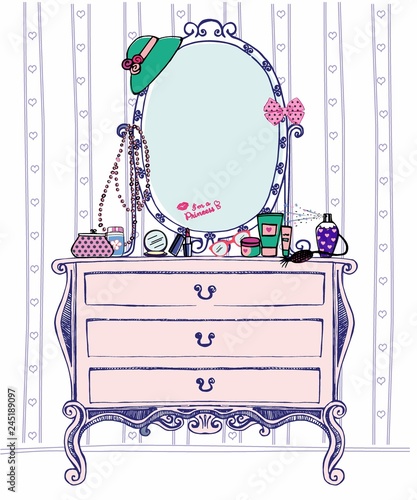 Vector illustration of society ladys boudoir with console mirror and a lot of womens accessories. Sketch chest of drawers