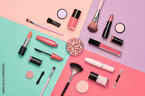 Fashion Cosmetic Makeup Set. Woman Essentials. Collection Beauty Products Accessories. Layout. Trendy Lipstick Brushes Eyeshadow. Creative Pastel Color. Art Concept Style. Flat lay.