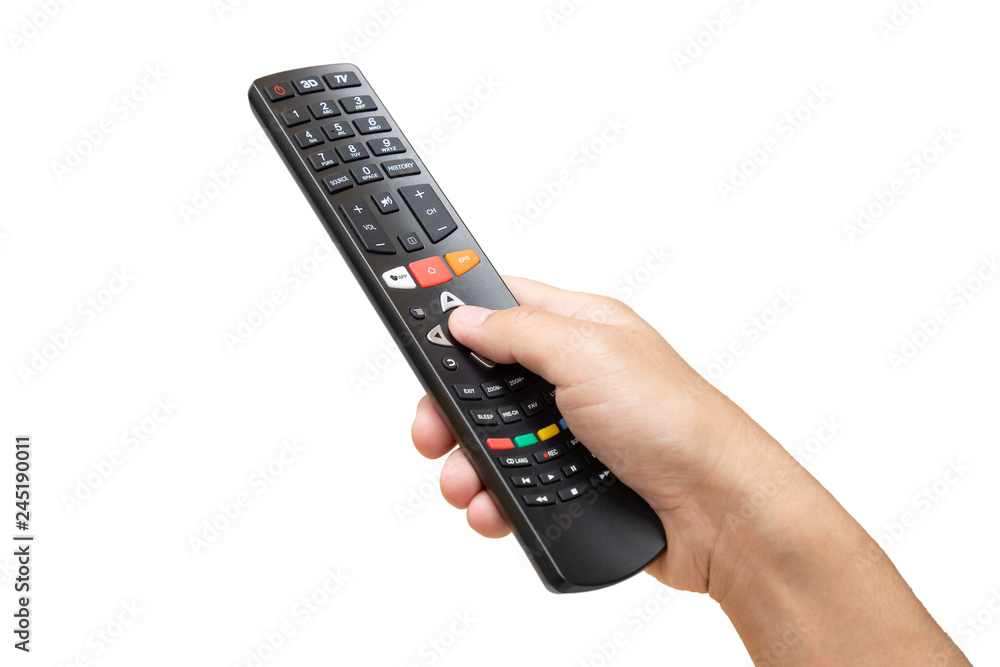 Remote control in hand on white background Remote control in hand on white background