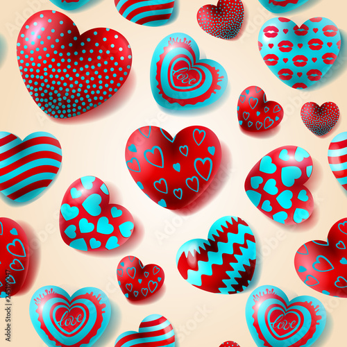 Seamless pattern with volumetric heart shapes and different patterns for Valentine's Day.3d hearts concept. Love banner and greeting card. Vector illustration Happy Valentine's day.