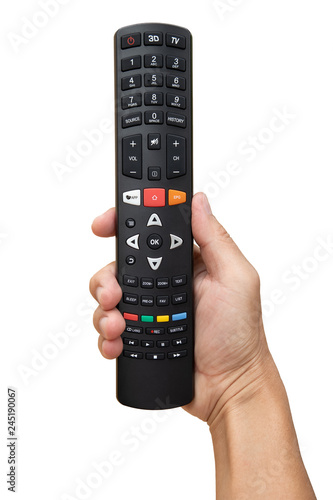 Television remote control in hand on white background photo