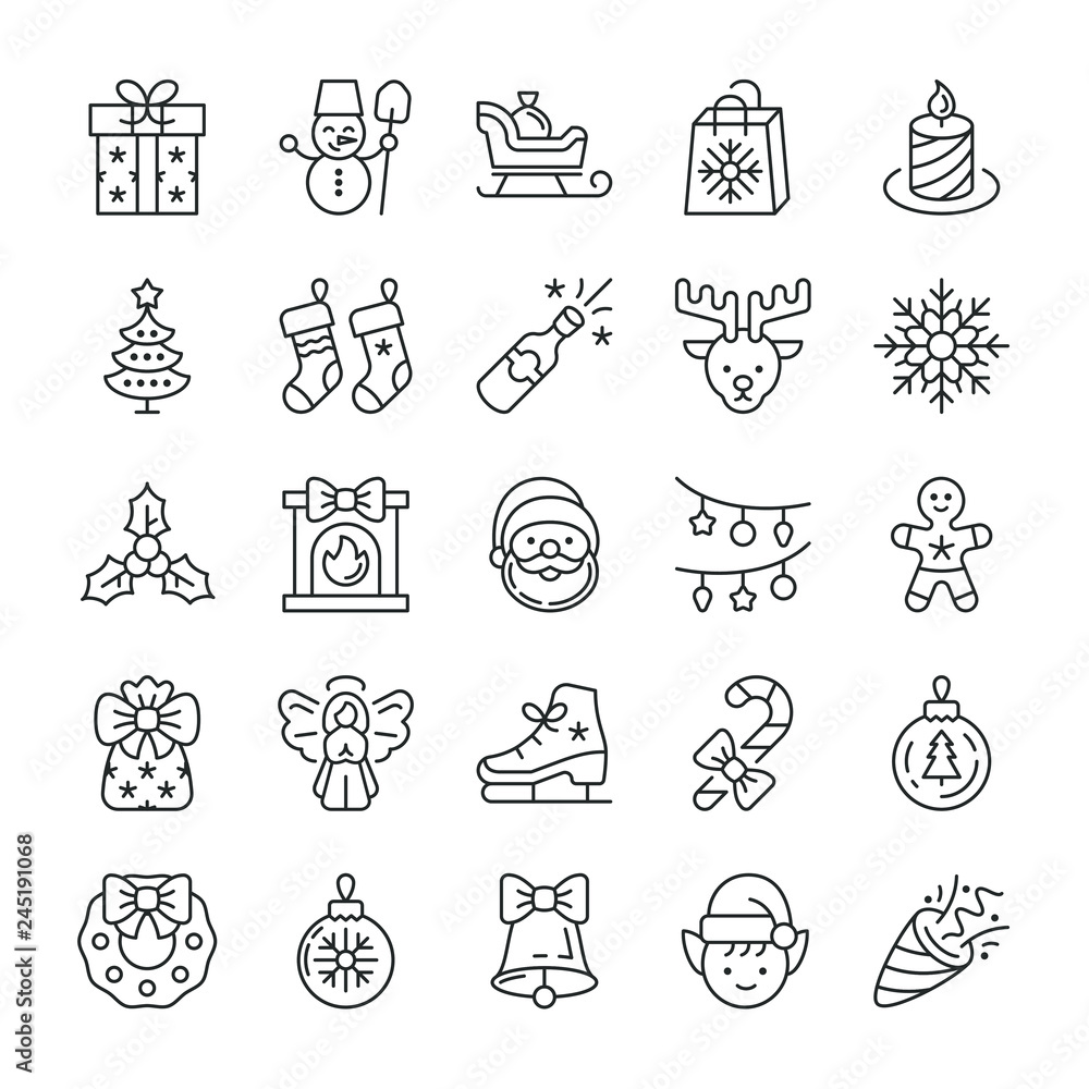 New year celebration and Christmas icons set. Line style