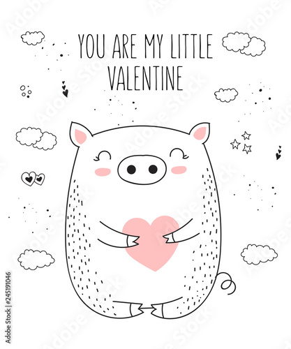 Vector line drawing poster with cute pig and heart