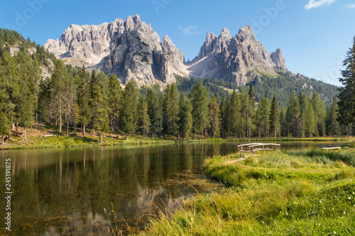 Beautiful Lago Di Antorno lake at background Cadini mountain on the Dolomites in Italy