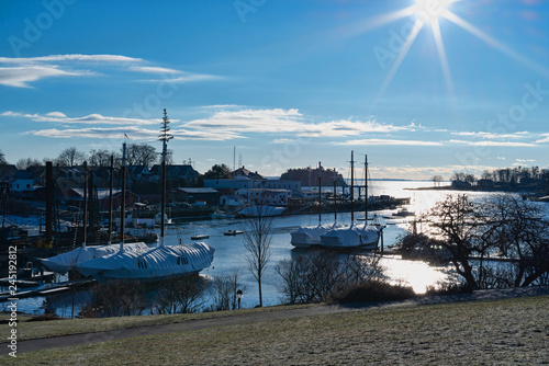 View of Camden Maine harbor on a frigid day photo