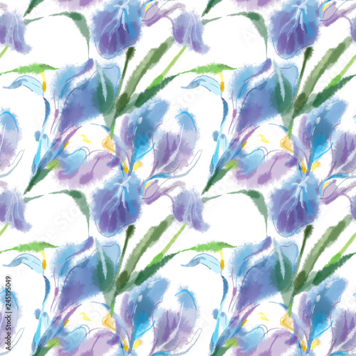 Watercolor iris flowers. Seamless background pattern #1