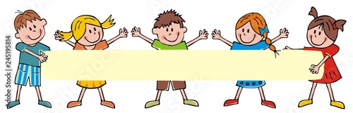 Happy children and banner, group of cheerful kids on white background, vector funny illustration. Colored creative illustration. 