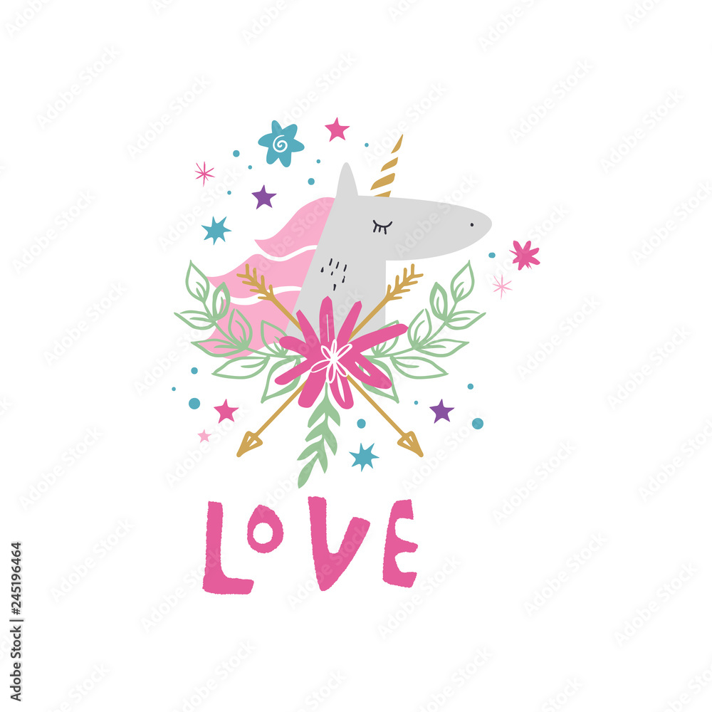 Vector and jpg image, clipart, editable isolated details. Unicorn head cute art, baby stylish illustration.