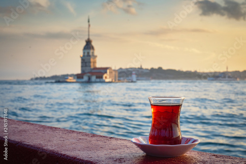 Traditional Turkish tea in Istanbul at the shores of the Bosphorus