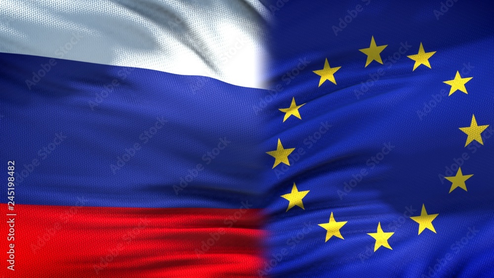 Russia and European Union flags background, diplomatic and economic relations Russia and European Union flags background, diplomatic and economic relations